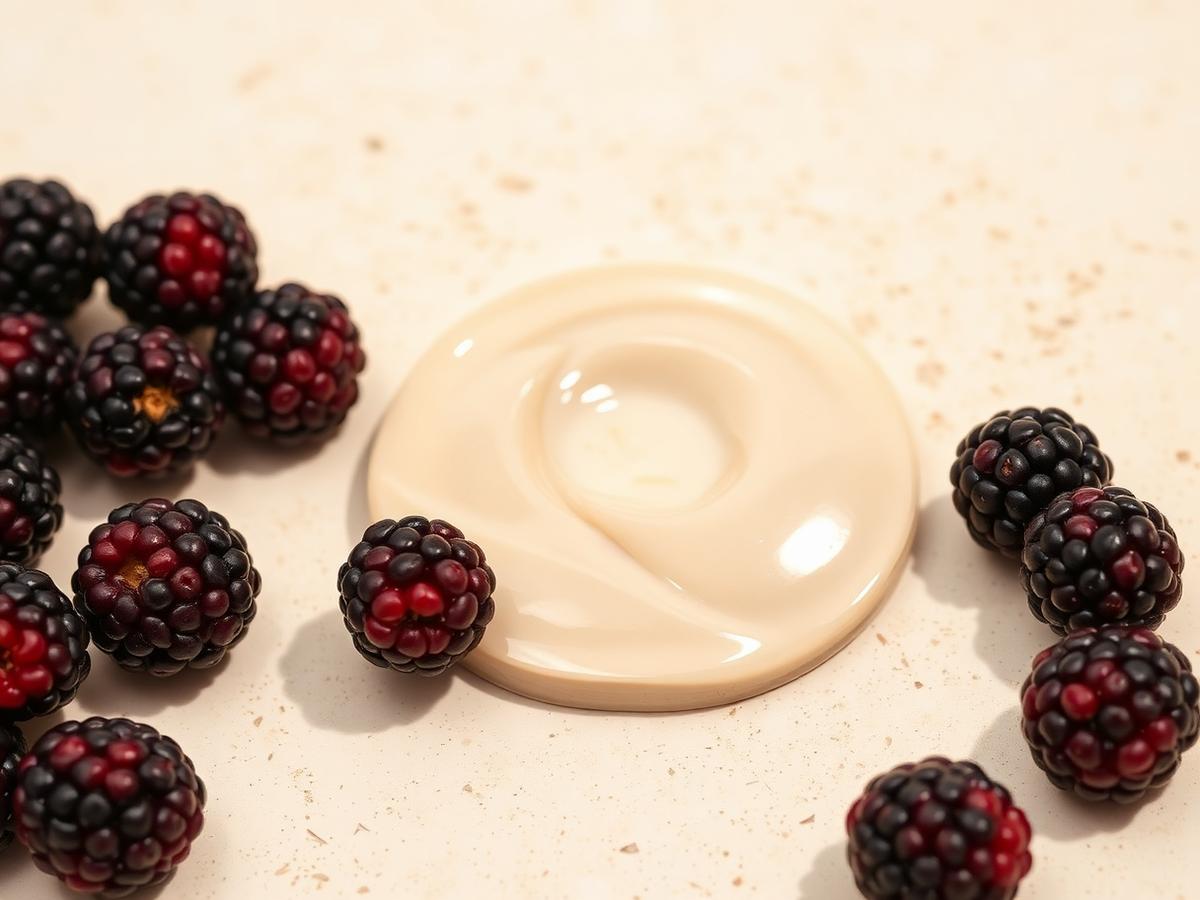 Macro photograph of blackberries beside a clear gel on cream stone